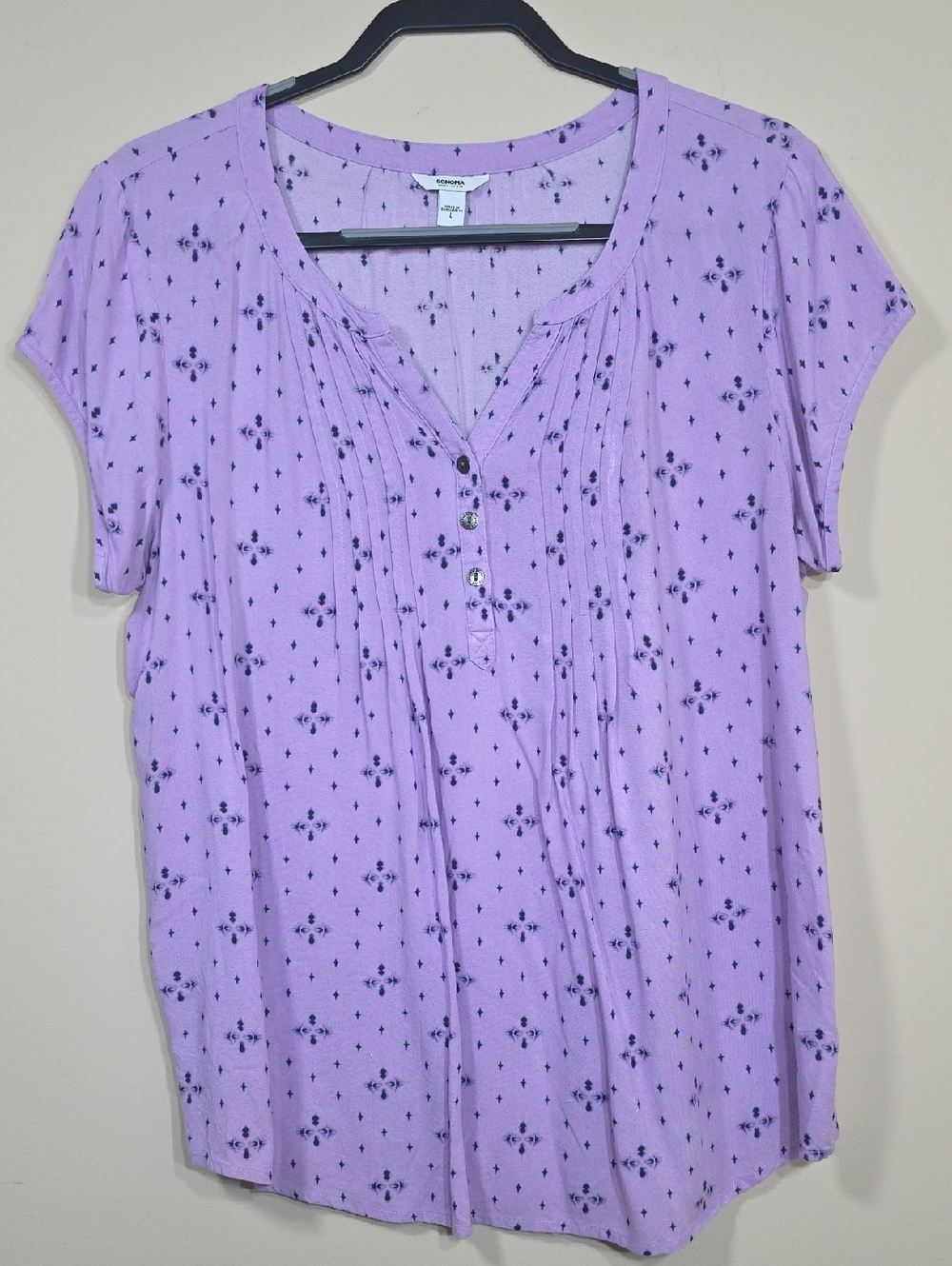 Sonoma Print Top Size L | Two Tone Purple Short Sleeve Pleated Front Lightweight